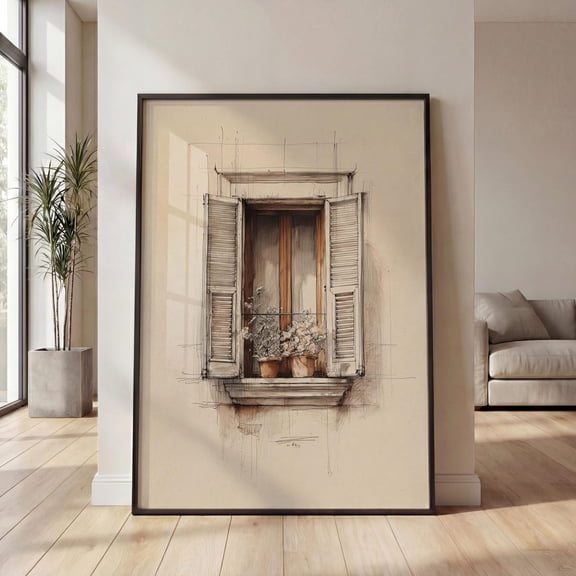 Italian Window Wall Art Rustic Shutters With Flowers Mediterranean Decor Minimalist Neutral Artwork, Unframed Paper Print