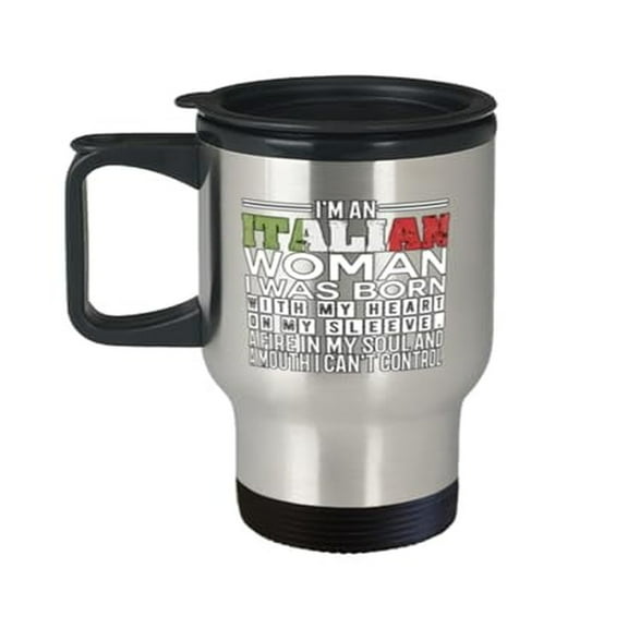 Italian Woman Travel Mug - "Heart on My Sleeve" 14oz Portable Cup, Heritage Gift