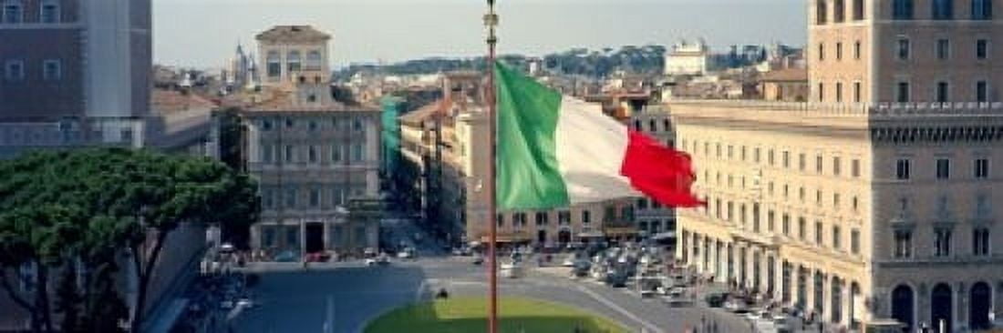 Italian flag fluttering with city in the background Piazza Venezia Vittorio Emmanuel II Monument Rome Italy Canvas Art - Panoramic Images (18 x 7)