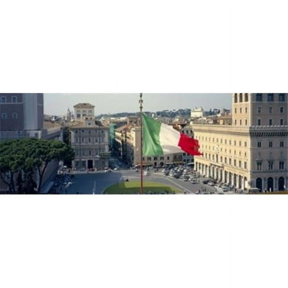 Italian flag fluttering with city in the background Piazza Venezia Vittorio Emmanuel II Monument Rome Italy Poster Print by - 36 x 12