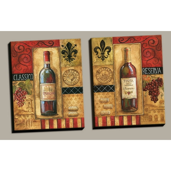 Italian-inspired Classic Tuscan Wine Collage Prints; Two 16x20 Hand-Stretched Canvases. Red/Black/Gold