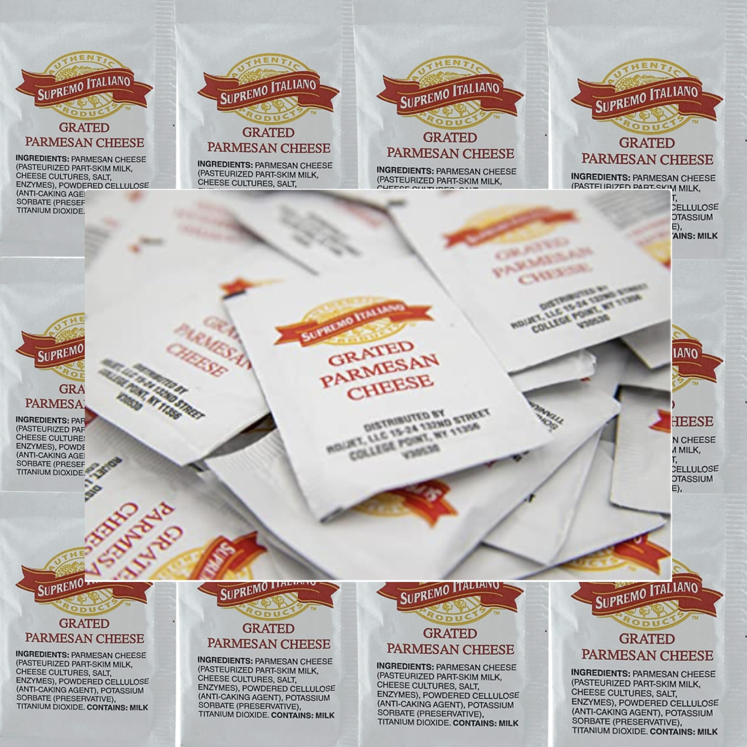 Italiano Natural Grated Parmesan OKA4Cheese Packets, 50 Count, restaurant quality, shelf-stable, no refrigeration, sealed, perfect for pizza, pasta, salads, lunch, takeout, food service.