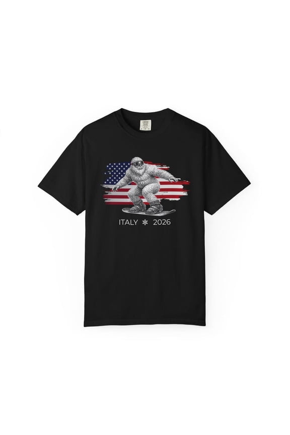 Italy 2026 Snowboarding Yeti Shirt, Patriotic USA Winter Games Bigfoot Graphic Tee, Extreme Snow Sports Fan Apparel, Comfort Colors Unisex Cotton T-Shirt, Size S-3XL