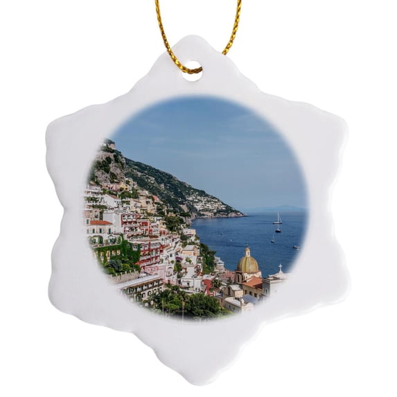 3drose, Italy, Amalfi Coast, Landscape of Positano., 3 inch Snowflake Porcelain Ornament