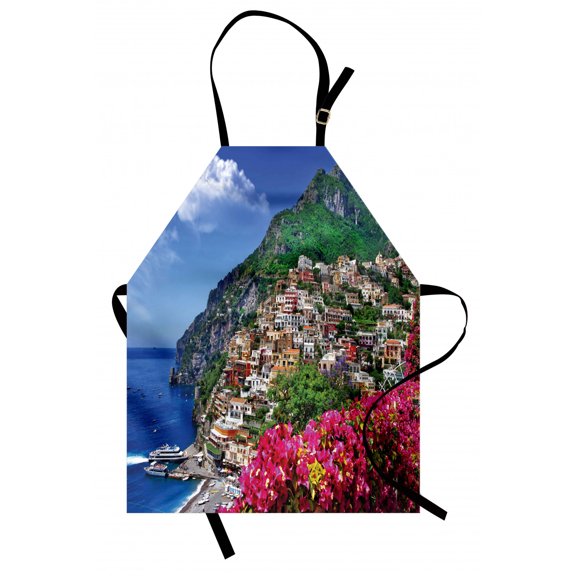 Italy Apron Scenic View of Positano Amalfi Naples Blooming Flowers Coastal Village Image, Unisex Kitchen Bib Apron with Adjustable Neck for Cooking Baking Gardening, Pink Green Blue, by Ambesonne