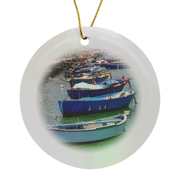 3drose, Italy, Apulia, Bari, Molfetta. Row Boats in Harbor., Circle Porcelain Ornament