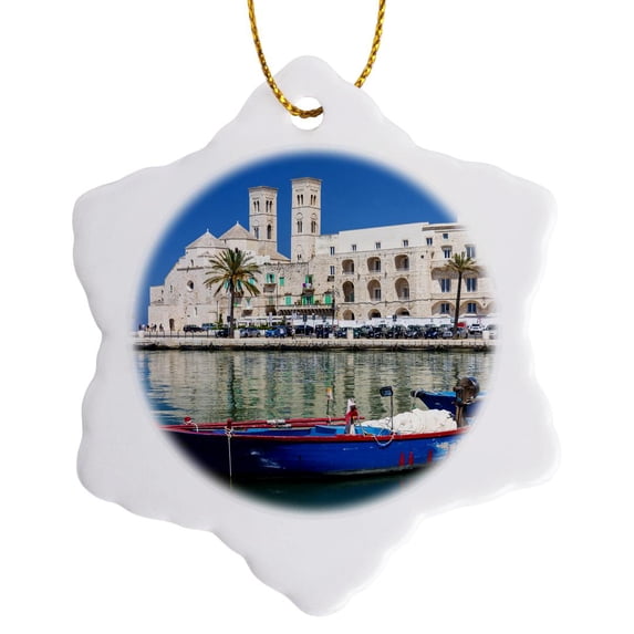 3drose, Italy, Apulia,bari, Molfetta. Waterfront with Rowboats in Foreground., 3 inch Snowflake Porcelain Ornament