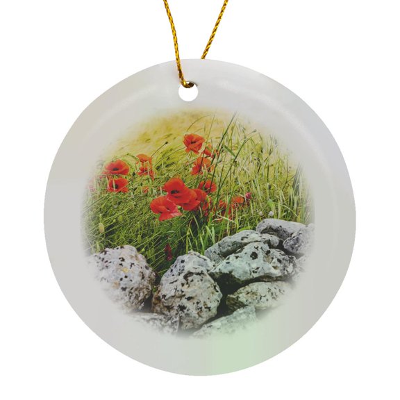 3drose, Italy, Apulia,laterza. Field of Barley with Poppies, Circle Porcelain Ornament