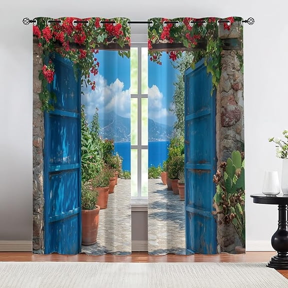 Italy Blackout Curtains, Seaside Courtyard 3D Print Drapes, Mediterranean Grommet Window Curtain 2 Panels for Sliding Glass Door Bedroom Living Room-42"W x 63"L (Pack of 2)