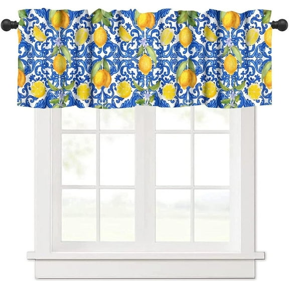 Italy Blue Tile Lemon Window Valance Curtains, Italian Navy Blue Burlap Watercolor Lemon Summer Fruit Window Valances for Farmhouse Kitchen Living Dinning Room Café Décor 54x18inch