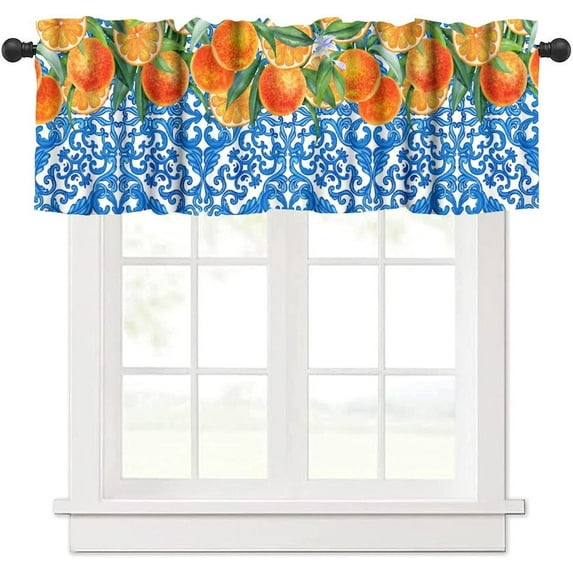 Italy Blue Tile Orange Window Valance Curtains, Italian Navy Blue Burlap Watercolor Orange Summer Fruit Window Valances for Farmhouse Kitchen Living Dinning Room Café Décor 54x18inch