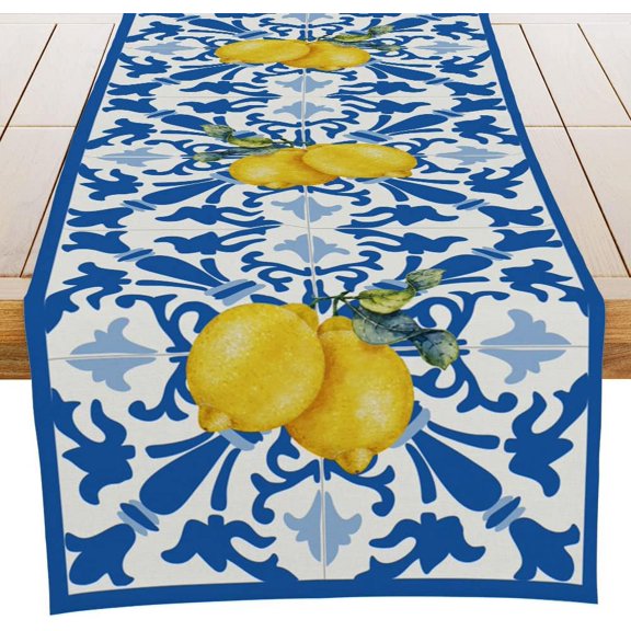 Italy Blue Tiles Runner Decorative, Italian Lemons Summer Table Runner Decoratio