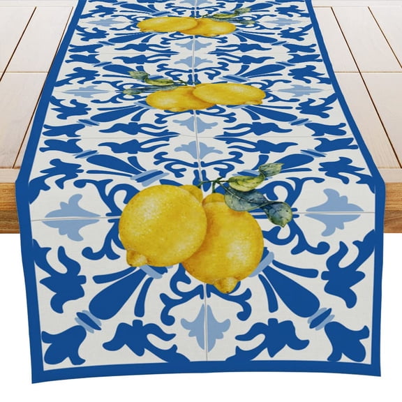 Blue Lemons Table Runner, Italian Summer Kitchen Dining Room Decor, Dresser Party Holiday Home Decoration, Housewarming Gift for Couple, 13X72 Inches