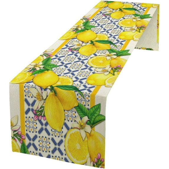 Italy Blue Tiles Table Runner, Italian Lemons Summer Table Runner for Dinning Room Farmhouse Dinner Runner Home Kitchen Dresser Decor for Party Holiday 13"x70"