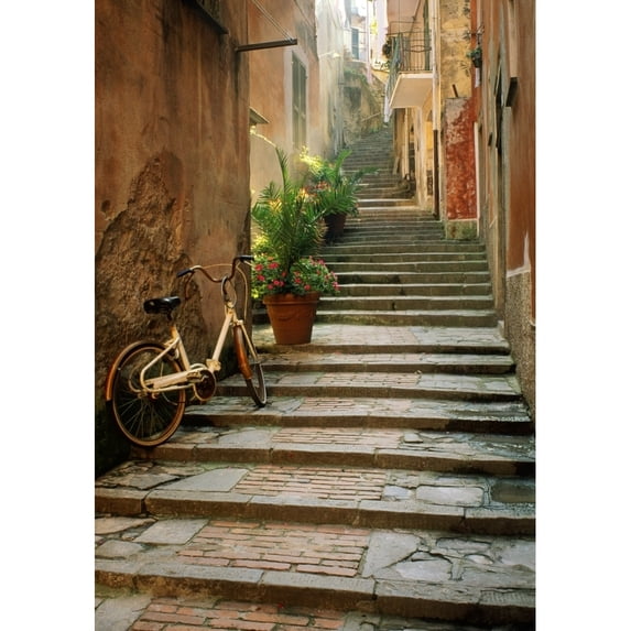Italy Cinque Terre Monterosso. Bicycle and uphill stairway. Poster Print by Jaynes Gallery
