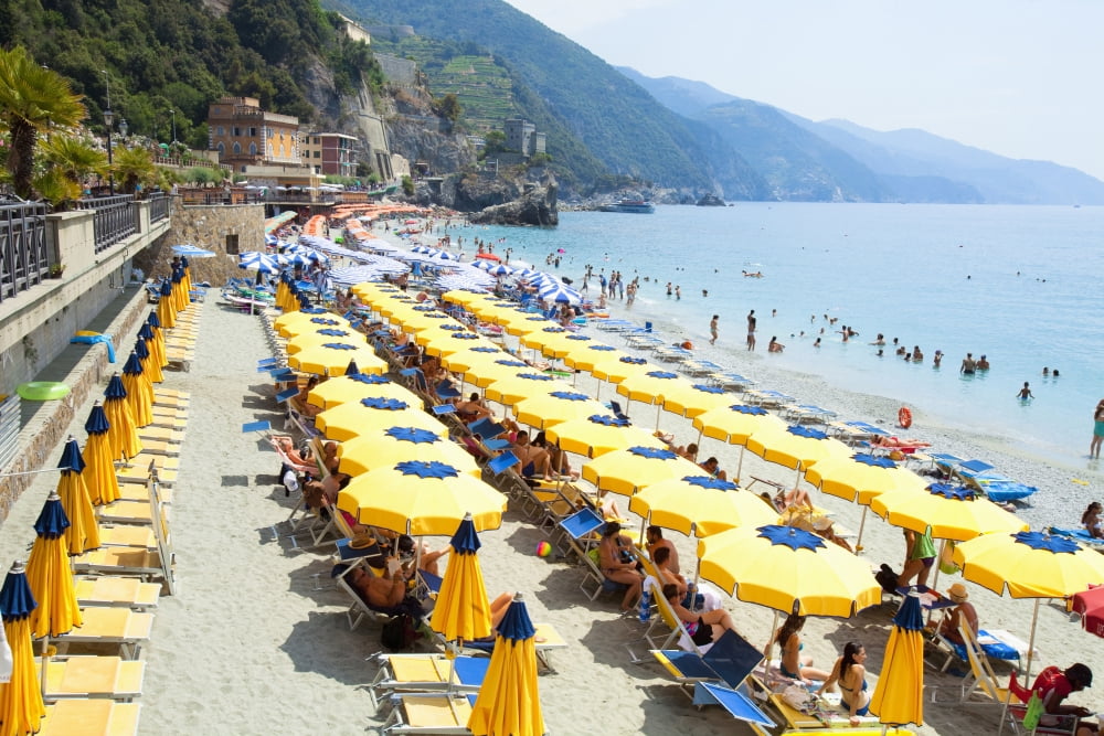 Italy Cinque Terre Monterosso - Sunbathers on the Beach Canvas Art - Panoramic Images (36 x 12)