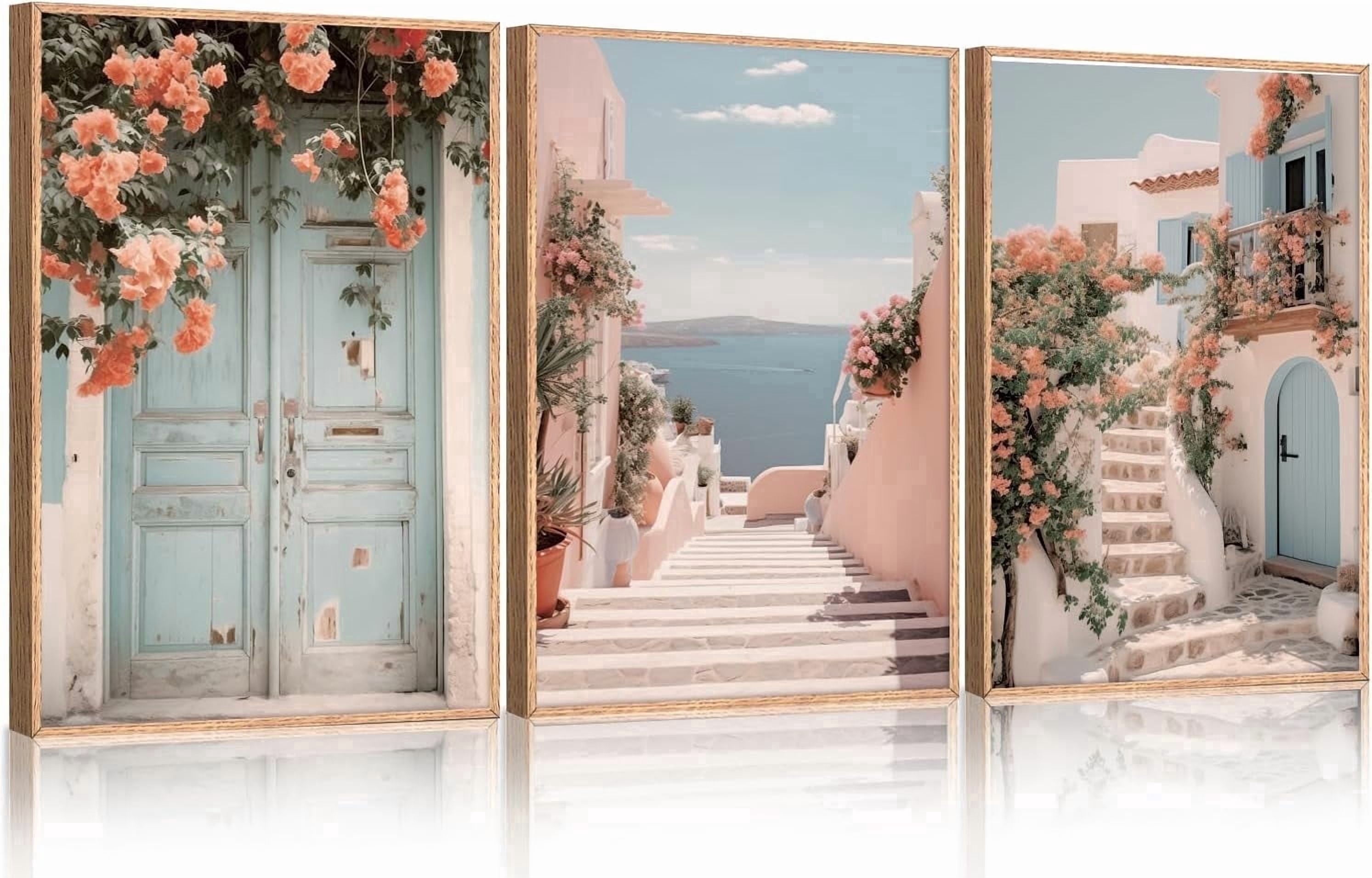 Italy Coast Cityscape Framed Canvas Wall Art Set, Neutral Italian Countryside Wall Decor, Aegean Santorini Landscape Wall Painting, Florida Beach Art Prints for Living Room, Bedroom 16"x24"x3