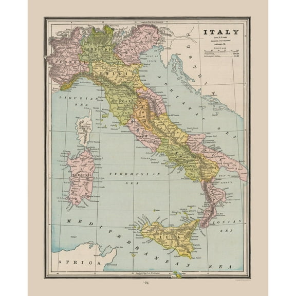Historic Map - Italy - Cram 1888 - 23 x 28.30 - Vintage Wall Art