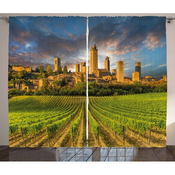 Ambesonne Italy Curtains 2 Panel Set, San Gimignano Vineyards, 108" x 63", Green Apricot Blue