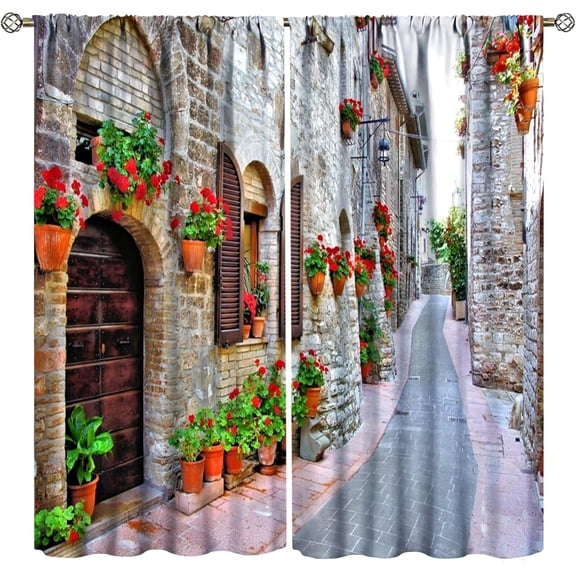 Italy Curtains, Porch Different Flowers Pots Fresh Plants City Life in Tuscany Europe, Living Room Bedroom Blackout Rod Pocket Window Drapes 2 Panel Set 42x63 Inch