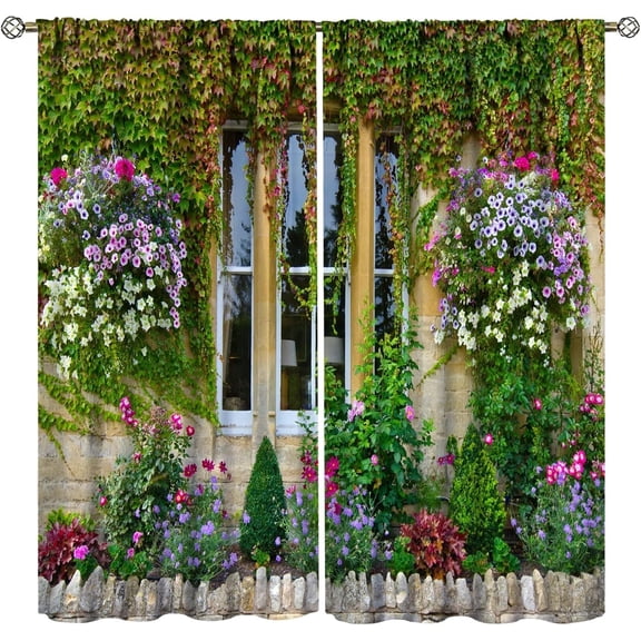 Italy Curtains, Porch Different Flowers Pots Fresh Plants City Life in Tuscany Europe, Living Room Bedroom Blackout Rod Pocket Window Drapes 2 Panel Set 42x63 Inch