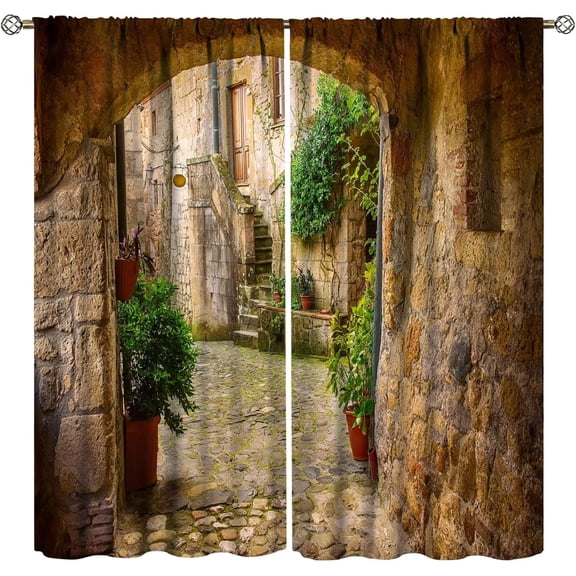 Italy Curtains, Porch Different Flowers Pots Fresh Plants City Life in Tuscany Europe, Living Room Bedroom Blackout Rod Pocket Window Drapes 2 Panel Set 42x63 Inch