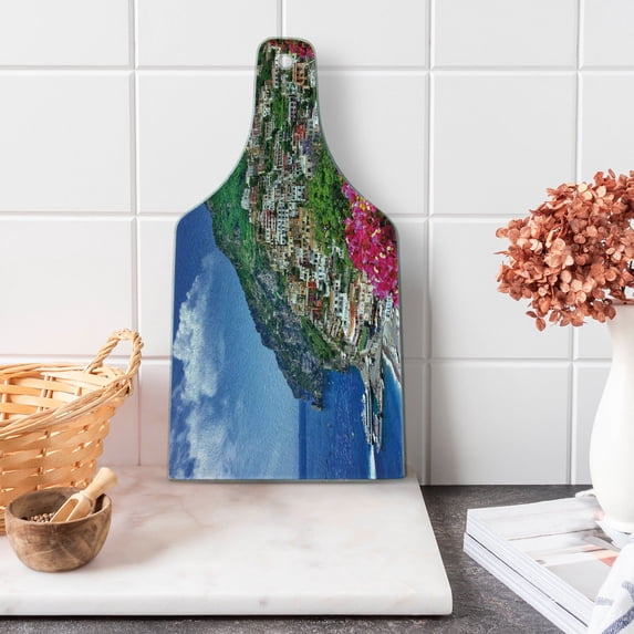 Italy Cutting Board, Scenic View of Positano Amalfi Naples Blooming Flowers Coastal Village Image, Tempered Glass Cutting and Serving Board, Wine Bottle Shape, Pink Green Blue, by Ambesonne