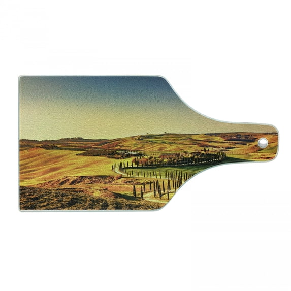 Italy Cutting Board, Tuscany Crete Senesi Rural Landscape Cypress Trees Country Farmland Europe, Tempered Glass Cutting and Serving Board, Wine Bottle Shape, Marigold Green Blue, by Ambesonne