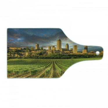 Italy Cutting Board, Vineyards of San Gimignano Tuscany Historic Architecture Dramatic Sky Clouds, Tempered Glass Cutting and Serving Board, Wine Bottle Shape, Green Apricot Blue, by Ambesonne