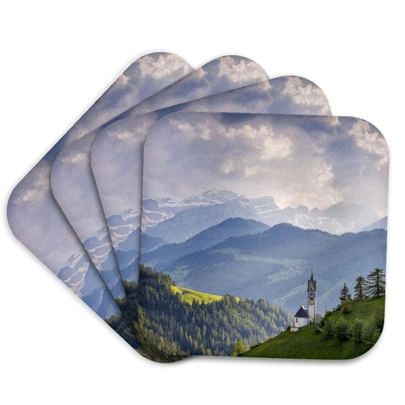 3drose, Italy, Dolomites, Wengen. Landscape with Chapel of St. Barbara., Set of 4 Coasters - Soft