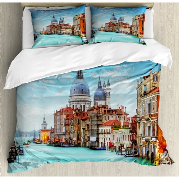 Italy Duvet Cover Set, Image of the Grand Canal in Venice Italy and Historical Architecture Print, Decorative 3 Piece Bedding Set with 2 Pillow Shams, Queen Size, Turquoise Orange Blue, by Ambesonne