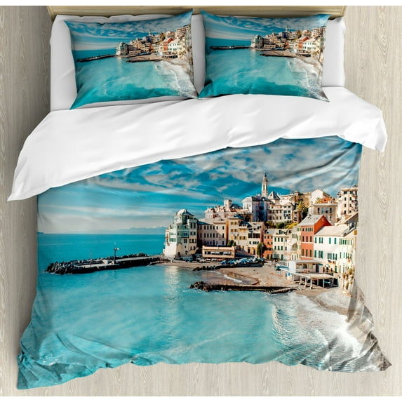 Italy Duvet Cover Set Queen Size, Panorama of Old Italian Fishing Village Beach in Old Province Coastal Charm Image, Decorative 3 Piece Bedding Set with 2 Pillow Shams, Turquoise, by Ambesonne