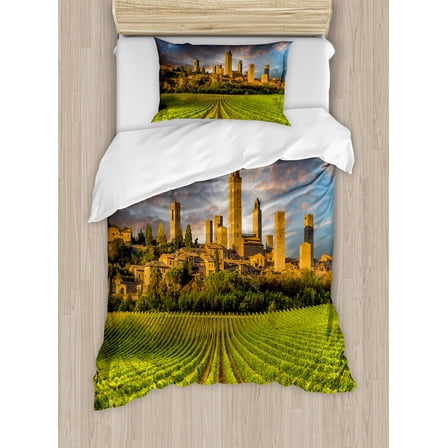 Italy Duvet Cover Set, Vineyards of San Gimignano Tuscany Historic Architecture Dramatic Sky Clouds, Decorative 2 Piece Bedding Set with 1 Pillow Shams, Twin Size, Green Apricot Blue, by Ambesonne