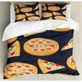 thumbnail image 1 of Italy Duvet Cover Set, Vintage Style Cartoon Design of Mixed Pizzas and Slices Art Print, Decorative 3 Piece Bedding Set with 2 Pillow Shams, King Size, Dark Blue Grey and Multicolor, by Ambesonne, 1 of 3