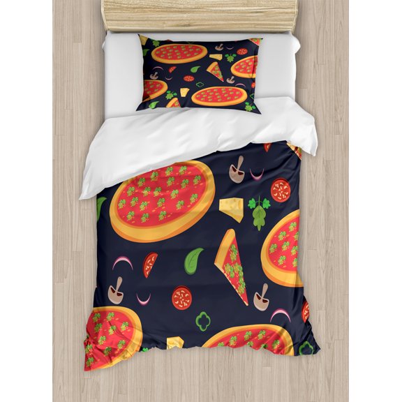Italy Duvet Cover Sets, Image of Vegetable Pizzas Basil Leaves Tomatoes and Mushrooms, Bedding Set 2 Duvet Covers & 2 Pillowcases, 2 Pack Twin Size, Dark Blue Grey and Multicolor, by Ambesonne