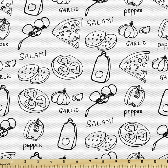 Ambesonne Italy Fabric by the Yard Upholstery, Simple Ingredients for Pizza, 2 Yards, White and Charcoal Grey