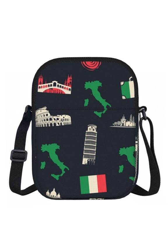 Italy Flag Map Italian Black Retro Zipper Crossbody Bag Everyday Travel Pouch Adjustable Strap Commuter Bags