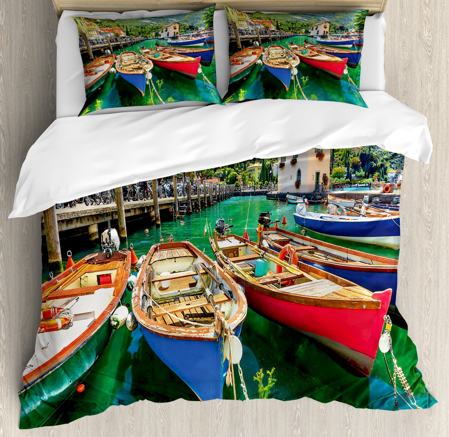 Italy King Size Duvet Cover Set, Summer Landscape and Wooden Boats on ...
