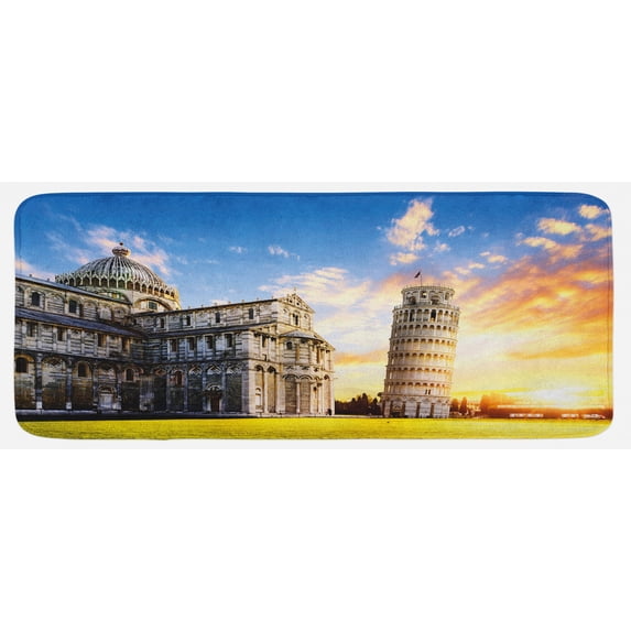 Italy Kitchen Mat, Place of Miracoli Complex with the Leaning Tower of Pisa in Front Tourist Attraction, Plush Decorative Kitchen Mat with Non Slip Backing, 47" X 19", Multicolor, by Ambesonne