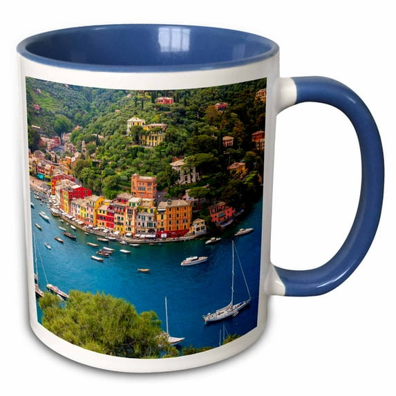 3drose, Italy, Liguria, Portofino. Aerial View of Town and Harbor., 15oz Two-tone Blue Mug