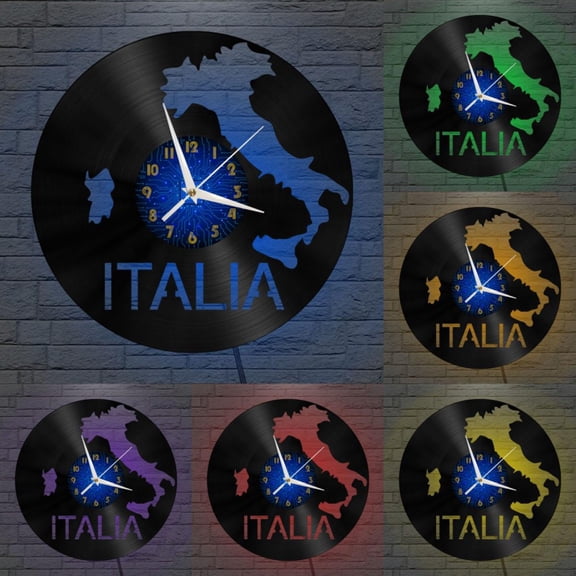 Italy Map 12 Inch Vinyl Record Wall Clock - Silent, Creative, and Unique Clock for Living Room, Entryway, or Bedroom Decor - Perfect Gift Idea(12 inchs B with LED)