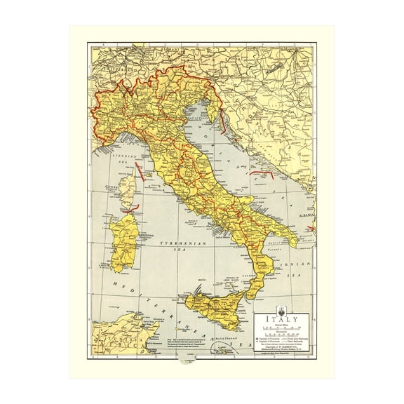 Italy Map, 1943 Vintage Map of Italy History Wall Decor Gift, Old Italy Map - 18" x 24" Unframed Print