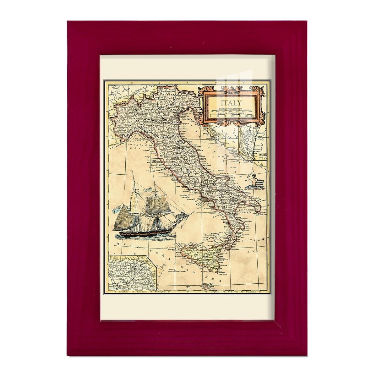 Italy Map -Framed Print w/glass-Cherry Red