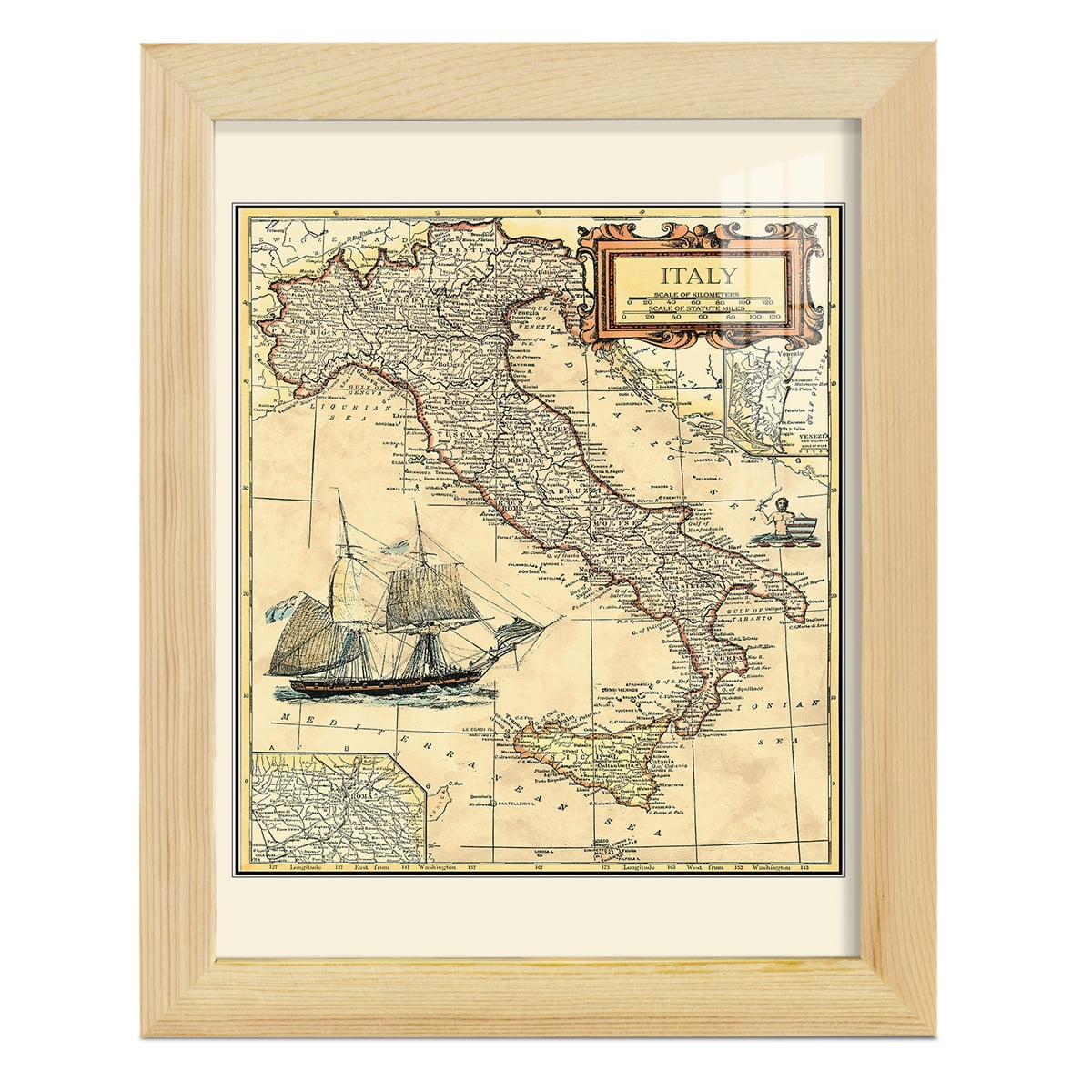 Italy Map -Framed Print w/glass-Natural Wood