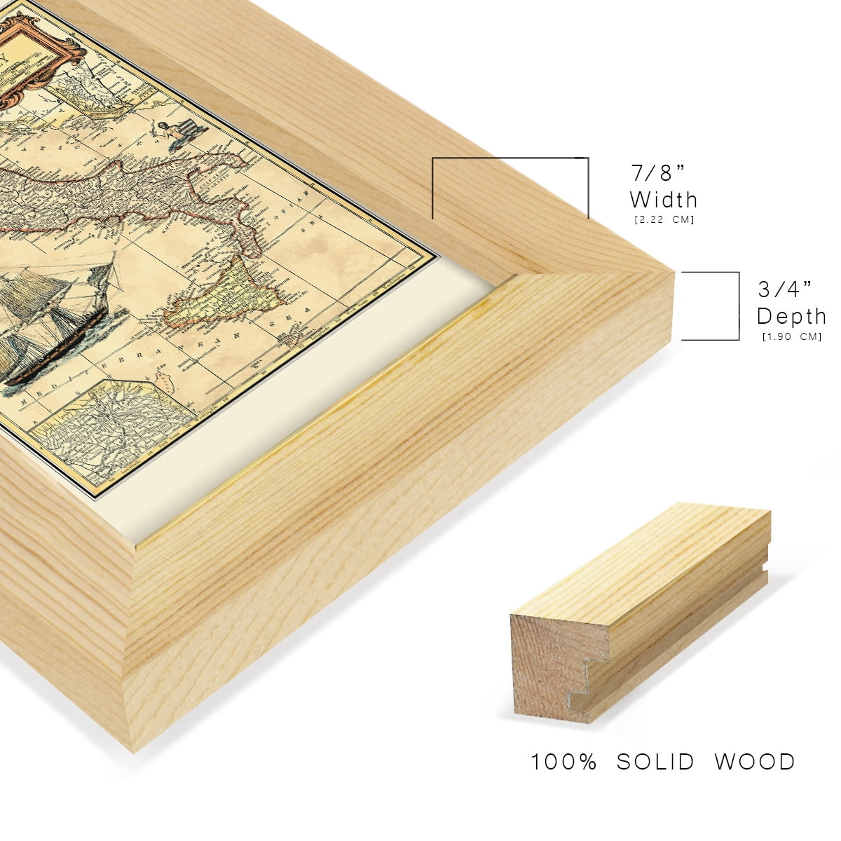 Italy Map -Framed Print w/glass-Natural Wood