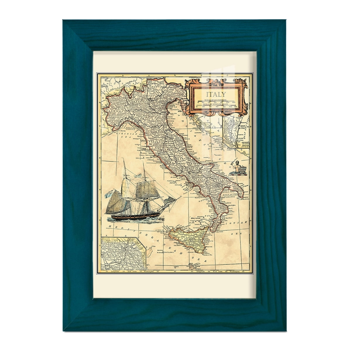Italy Map -Framed Print w/glass-Ocean Blue