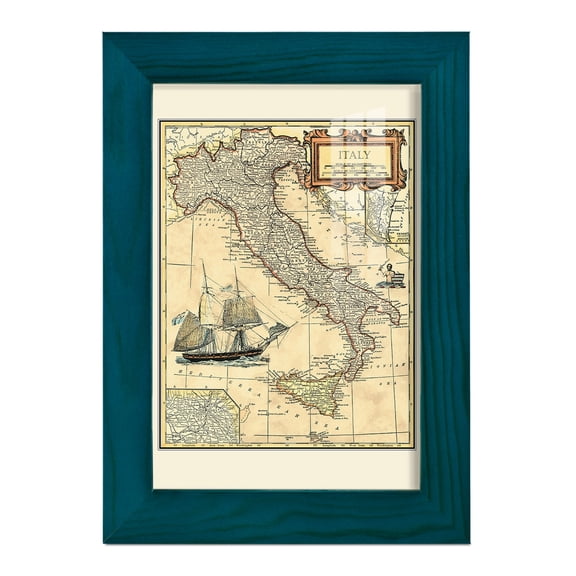 Italy Map -Framed Print w/glass-Ocean Blue