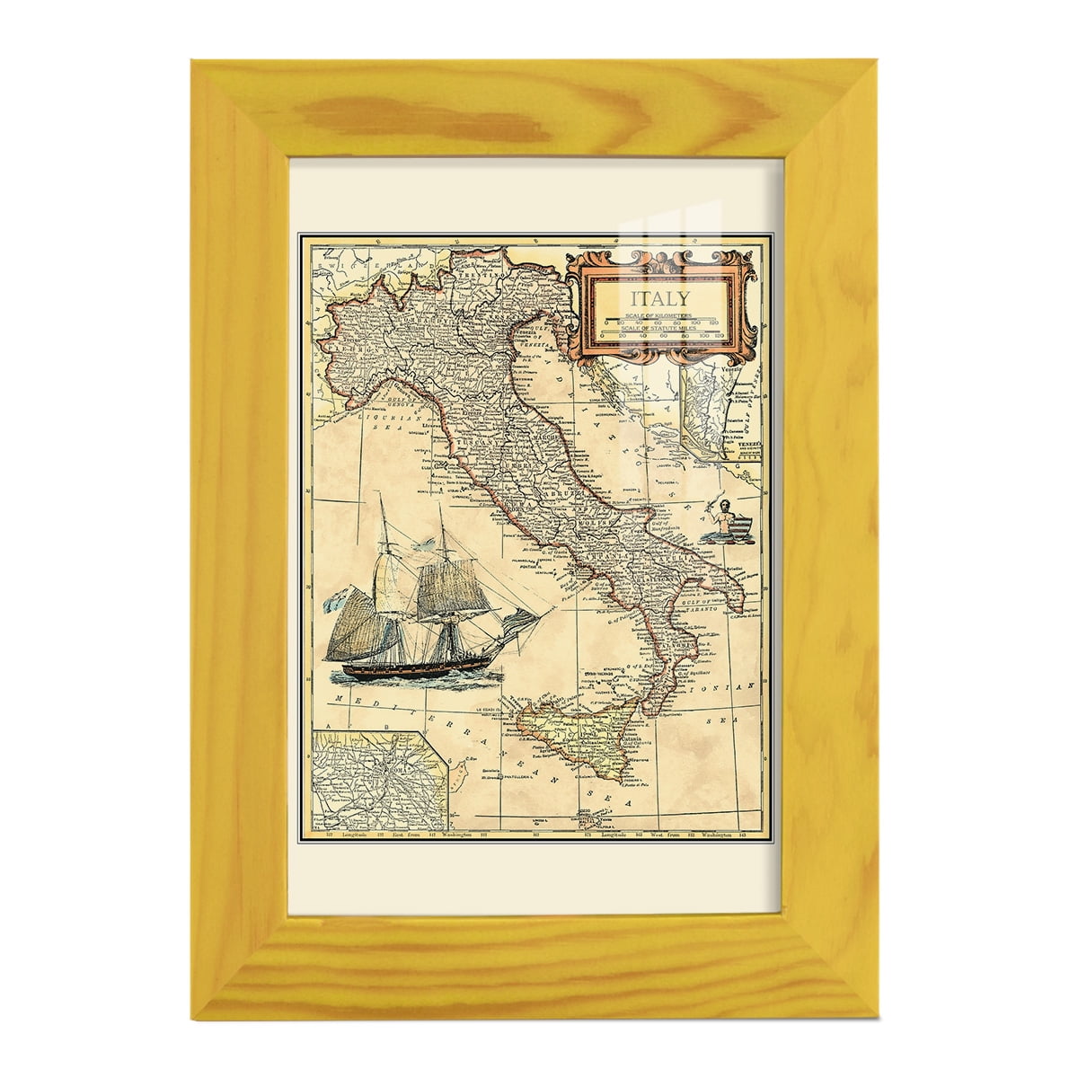 Italy Map -Framed Print w/glass-Sunflower Yellow