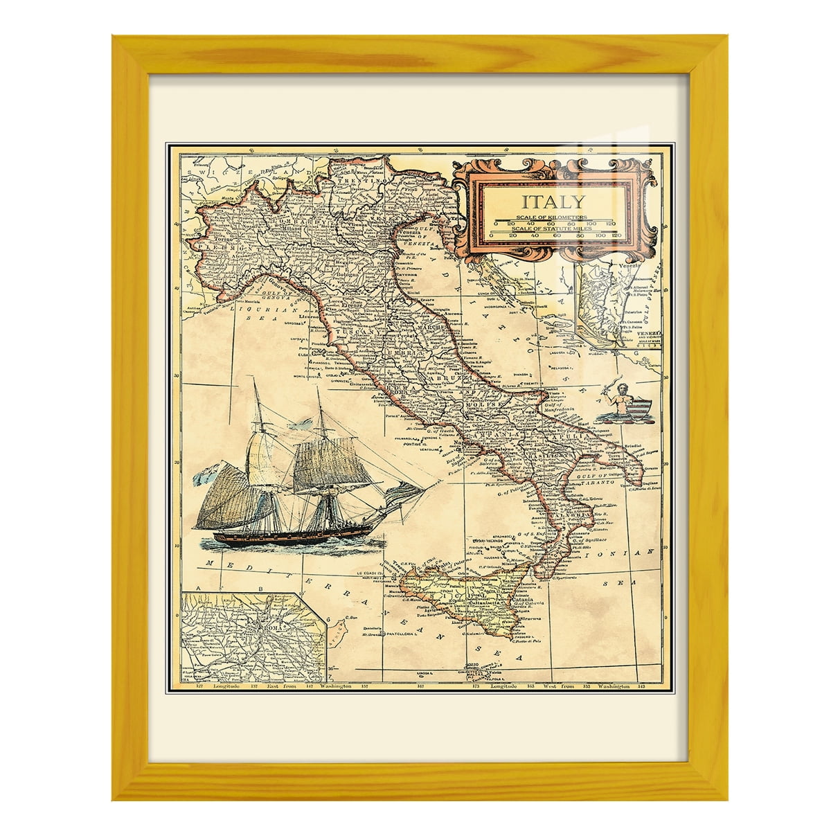 Italy Map -Framed Print w/glass-Sunflower Yellow