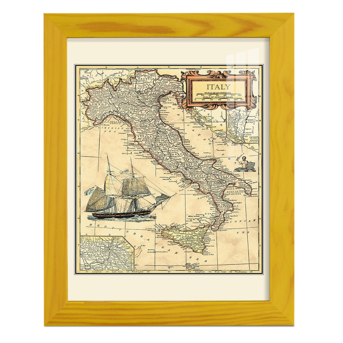 Italy Map -Framed Print w/glass-Sunflower Yellow